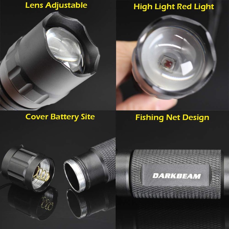 DARKBEAM Red Light Flashlight Tactical LED Rechargeable, Zoomable Portable Handheld