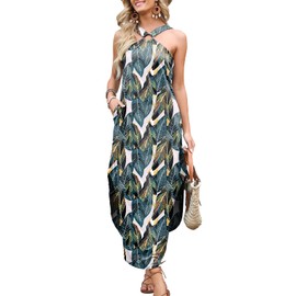 ANRABESS Women Summer Halter Neck Sundress Sleeveless Split Side Casual Beach Travel Vacation Maxi Long Dress with Pockets Leaf S