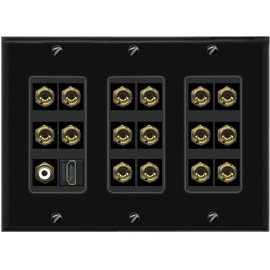 3 Gang 8.1 Surround Sound Speaker Banana Wall Plate with HDMI and RCA Female to Female Connectors - Black