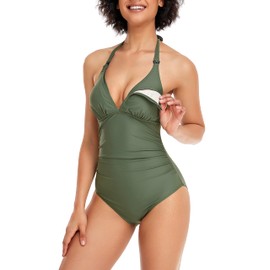EastElegant Women's Nursing Swimwear One Piece Breastfeeding Swimsuits Bikini, Navy Green, Medium