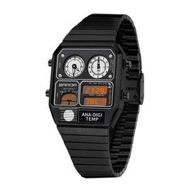MASTOP Retro Square Digital Watch with Temperature Display Unisex 7.5Inch Analog 3 Time Zones Luminous Backlight 50M Waterproof Alarm Stopwatch Week/Date (Black White)