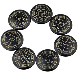 Sharvgun Healing Crystal 7pcs Engraved Magic Circle Spiritual Powers Round Palm Stones Reiki Balancing,Black Agate