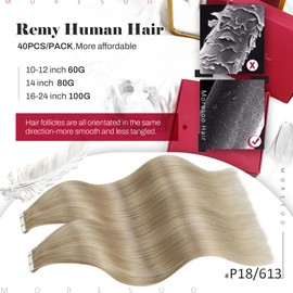 Moresoo Tape in Hair Extensions Real Human Hair 22 Inch Remy Human Hair Extensions Tape in Ash Blonde with Bleached Blonde 40 Pieces/100g #P18/613