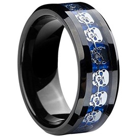 AZYOUNG Royal Blue Carbon Fiber Skulls Sheets Inlaid Tungsten Carbide Ring Men’s Wedding Engagement Band - 8MM, Metal, No Gemstone