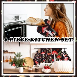Bencailor 6 Pcs Summer Kitchen Towels Oven Mitts and Pot Holders, Decorative Dish Towels Tea Towels Non Slip Heat Resistant Oven Gloves for Home Cooking Dish Baking BBQ(Lively Color,Mushroom)
