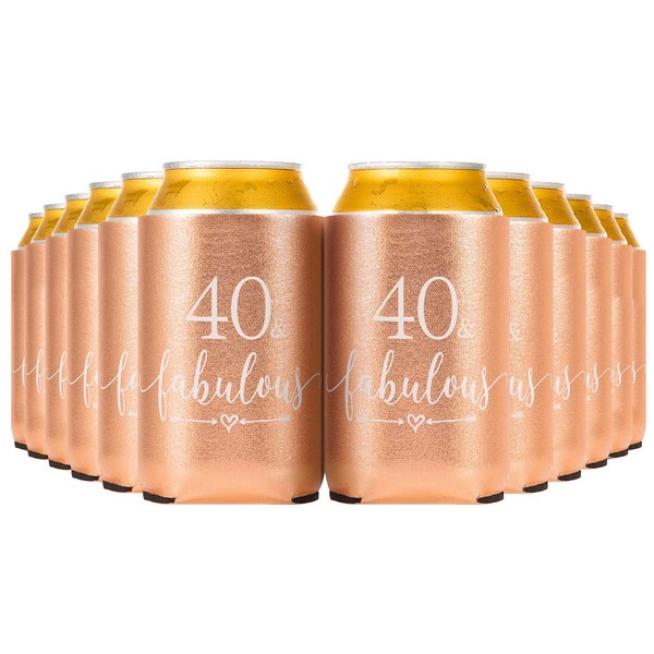 Crisky 40 fabulosos enfriadores de latas de oro rosa para decoración de 40 cumpleaños, manga de cerveza para fiestas, tapas de latas con aislamiento, refrigeradores de neopreno de 12 onzas para refrescos, cerveza, lata de bebidas, 12 oro rosa