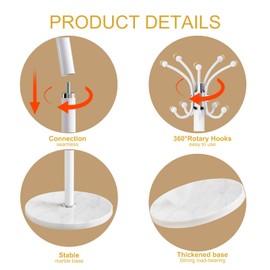 Snaikor Metal Coat Rack Stand with Natural Marble Base, Modern Coat Rack Freestanding, 360°Rotary Coat Racks with 14 Hooks, Heavy Duty Coat Hall Tree Hanger Stand for Entryway, Office