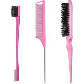 Professional Hair Styling Set, 3-Piece Comb Set with Teasing Comb, Edge Brush, Rat Tail Comb, Pink, Slick Back Hair Brush