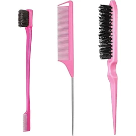 Professional Hair Styling Set, 3-Piece Comb Set with Teasing Comb, Edge Brush, Rat Tail Comb, Pink, Slick Back Hair Brush
