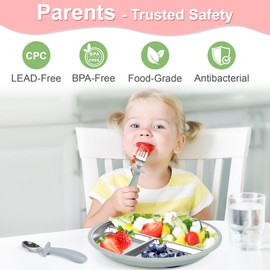 Bella's Friends Baby Feeding Set, 2 Pack Stainless Steel Divided Plate with Silicone Suction, 2 Set Spoons and Forks, BPA Free, Dishwasher Safe, Baby Led Weaning Supplies, Toddler Utensils, gray blue