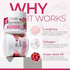 Skin Care Detox Crema facial de día y noche hidratante antienvejecimiento con colágeno, ácido hialurónico, L-arginina, aceite de semilla de uva y un f
