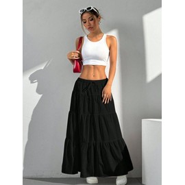 Narecte Maxi Skirts for Women Solid Color Long Skirts for Women Summer High Waist Ruffled Hem Flowy Skirt Black S