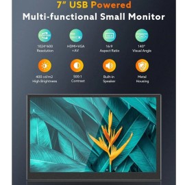 Eyoyo 7" Mini Monitor 1024x600 HDMI VGA AV 140° Wide Angle for Car Rear View/PC