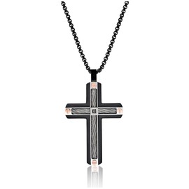 Metro Jewelry Stainless Steel Cable Cross Pendant Necklace for Men with Black and Rose Ion Plating on 24 Inches Long Box Chain