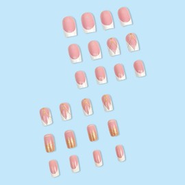 White French Tip Press on Nails Gold Glitter Fake Nails with Pearl Design Nude Glue on Nails Glossy Acrylic Full Cover Stick on Nails Short Square False Nails for Women Girls Manicure 24pcs