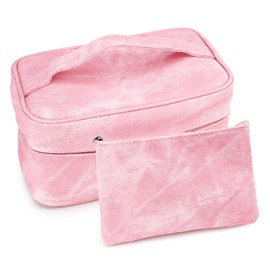 Huakaile PU Leather Makeup Bag with Zipper, Waterproof Large Capacity Makeup Organizer, Portable Travel Cosmetic Cases, Delicate Toiletry Bag for Women (pink)