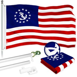 G128 Combo Pack: 6 Ft Aluminum Spinning Flagpole (Silver) & American USA Yacht Ensign Flag 3x5 Ft, ToughWeave Series Embroidered 300D Polyester | Pole with Flag Included