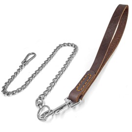 Dog Chain Short Leash with Leather Handle, 304 Stainless Steel Dog Short Lead Metal Heavy Duty Chain DIY Double Dog Leashes,Extend&Coupler. (Leather Handle 14" + 304 S/S 24")