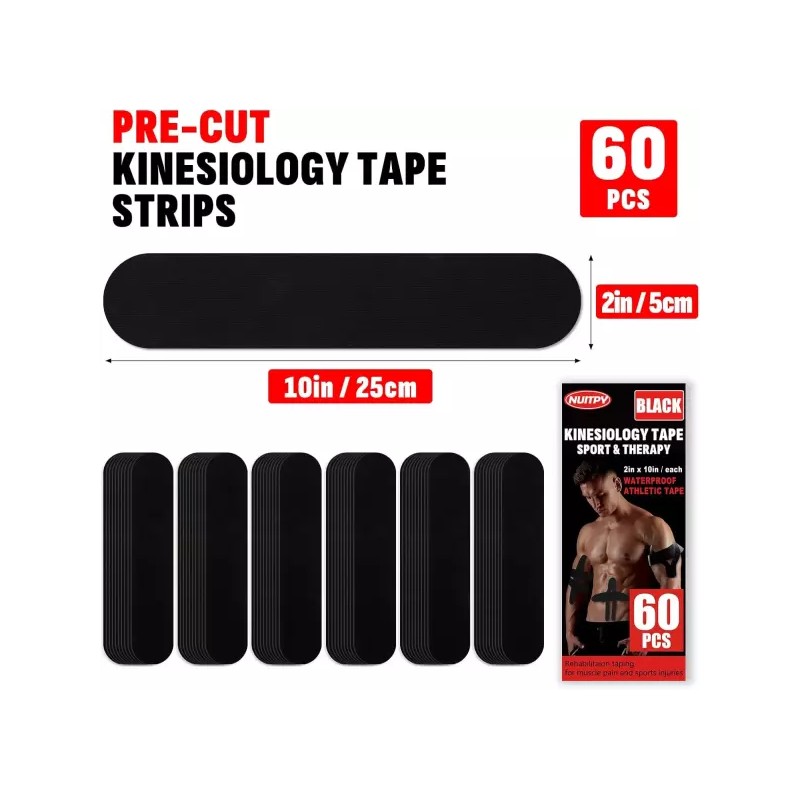 60PCS 프리컷 운동학 테이프 스트립 2인치 x 10인치 운동 키네틱