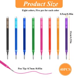 0.7 mm Erasable Gel Ink Pen Refills Compatible with Frixion Friction, Smooth Writing Multicolor Retractable Fine Point Pen Refill for School Office Home Art (8 Colors, 40)
