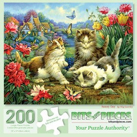Bits and Pieces - 200 Piece Large Piece Family Jigsaw Puzzle for Adults & Kids - 15" x 19" - Sunny Day - 200 pc Butterfly Kitten Garden Jigsaw by Oleg Gavrilov