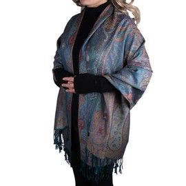 TZ Promise Pashmina Scarf with Vintage Tapestry Style Rainbow Luxury Paisley Pattern Wrap Shawl (Teal Multicolored)