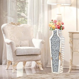 GA Home 27" Tall Crushed Diamond Floor Vase, Silver Large Vases for Decor Living Room, Crystal Mirrored Home Decor Vases for Dried Flower
