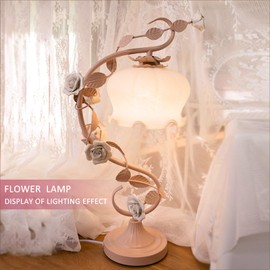 PURESILKS Flower Table Lamp Green Small Table Lamp Floral Bionic Table Lamp for Living Room Bedroom with Glass Lamp Shades (Pink)