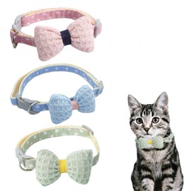 ZWWOGE 3er-Pack Weiches Baumwoll-Katzenhalsband mit Abnehmbarer Handgebundener Fliege, Niedliche Katzenhalsbänder mit Sicherheits-Schnellverschluss, Glocke und Charme, Blau Rosa und Grün