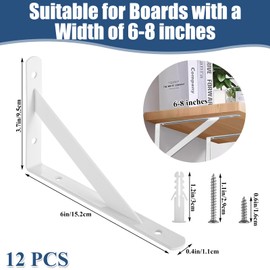 LOPYXBR 12 PCS White L Brackets for Shelves 6 Inch Heavy Duty Floating Shelf Brackets Metal White Hidden Shelf Brackets 6 Inch 90° Triangle Angle Brackets for Shelves (3.7 inch x 6 inch)