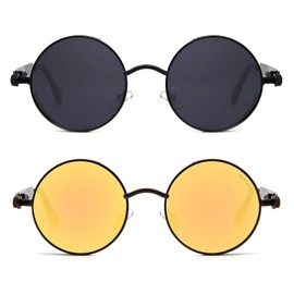 RONSOU Steampunk Style Round Vintage Polarized Sunglasses Retro Eyewear UV400 Protection Matel Frame Gray & Gold Lens