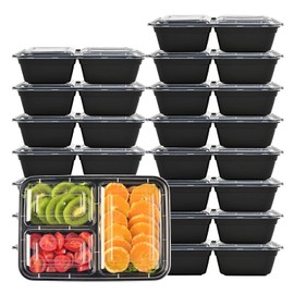 LOKATSE HOME 12 Pack 3 Compartment Meal Prep Food Storage Containers with Lids Reusable Take Out Box, BPA Free, Stackable, Microwave/Dishwasher/Freezer Safe (43 oz)