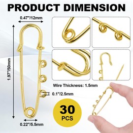 30pcs Heavy-Duty Safety Pins, 3-Loop Decorative Brooch Pins