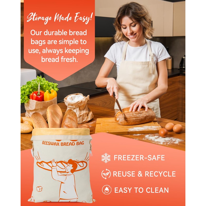 Beeswax Bread Bags Reusable for Homemade Sourdough - Large Cotton