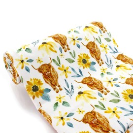 Sunflowers Highlander Cow DBP Fabric - Double Brushed Polyester 4 Way Stretch - 1/2 yard