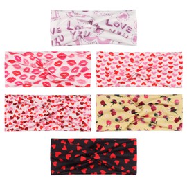 Juego de diademas anudadas para el día de San Valentín para mujer, turbante elástico estilo labios romántico, extra ancho, elástico, trenzado, cruzado, bandas para la cabeza, antideslizantes, estampado de corazón con rosa de tela gruesa para el pelo, par