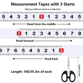 Mooshy 3 Stück Selbstklebendes Maßband, Maßband Selbstklebend Metrisches zum Aufkleben, 1M Links Nach Rechts, 1M Rechts Nach Links, 1M Mitte zu beiden Seiten Maßband für Vermessung Werkbänke