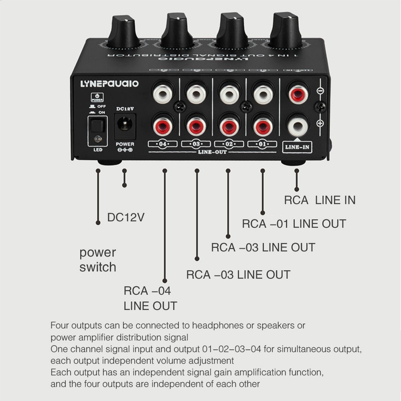 LYNEPAUAIO 1-in-4-out Stereo Audio Amplifier Amp Signal Distributor 1 Channel