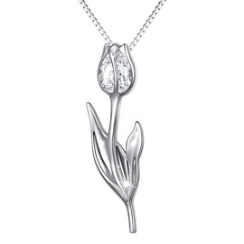 Sterling Silver Flowers White Tulip with CZ Pendant Necklace for Women (Tulip Nec)