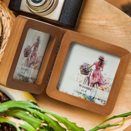 Wontree 4x4 Square Double Vertical Horizontal Hinged Foldable Combo Rounded Corner Picture Frame, Walnut-Colored Pine Wood with Real Glass, Free-Standing Desk Tabletop or Wall Hanging