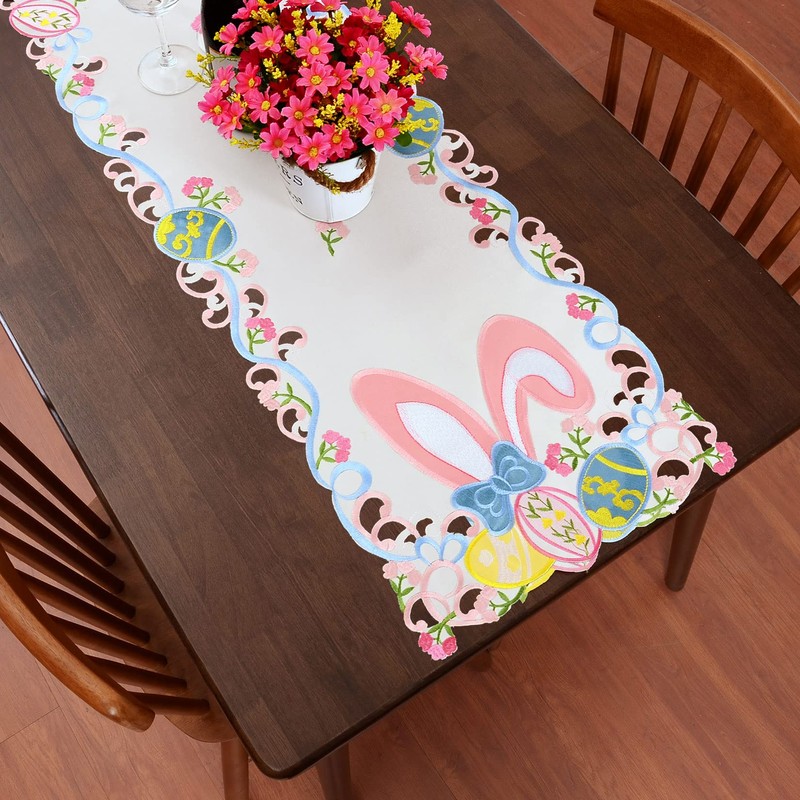 Grelucgo Embroidered Easter Bunny Table Runner (13 x 54 inch)