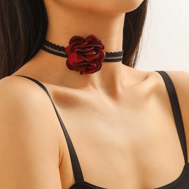 Inateannal Vintage Black Lace Flower Necklace Red Flower Choker Necklace Gothic Short Lace Tattoo Necklace Rose Flower Collar Necklace Jewelry for Women and Girls
