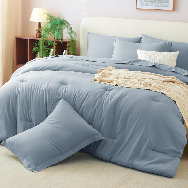 CozyLux King Size Comforter Set Grayish Blue, 7 Pieces Bed