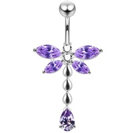 Lavender CZ Crystal Stone Dragonfly with Multi Teardrop Dangling 925 Sterling Silver Belly Ring Body Jewelry