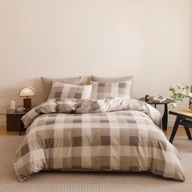 honey qiao Taupe and Beige Checkered Comforter Queen Set 3Pcs Checkered Bedding Set Modern Minimalist Plaid Bedding Set Breathable & Durable Luxurious Softness for Cozy Sleep