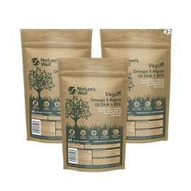 Vegan Omega 3 Algae Oil DHA + EPA, Significant Concentrate - 60 Vegetarian Capsules, Alternative to Fish Oils | Halal & Kosher - Made in The UK by Nature’s Well (Pack of 3 Pouch)