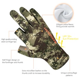 BASSDASH Unisex Fingerless Fleece Liner Camo Hunting Gloves for Cold Weather UPF 50+ Lightweight Fishing Photography HG06