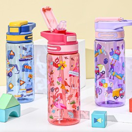 MHwan Kids Water Bottles, 650ml Robust and Shatterproof, Leakproof Water Bottle Kids with Straw, BPA-Free, Beautiful Boys Girls Water Bottles for School Travel, Portable Children's Water Bottle