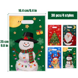 30 Pcs Christmas Plastic Bags 4 Design Christmas Goody Bags Gift Wrapping Bags, Reusable Xmas Bags for Presents Christmas Party Holiday Decorations