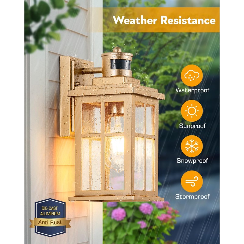 VIANIS 2 Pack Motion Sensor Outdoor Wall Lights, Modern Gold